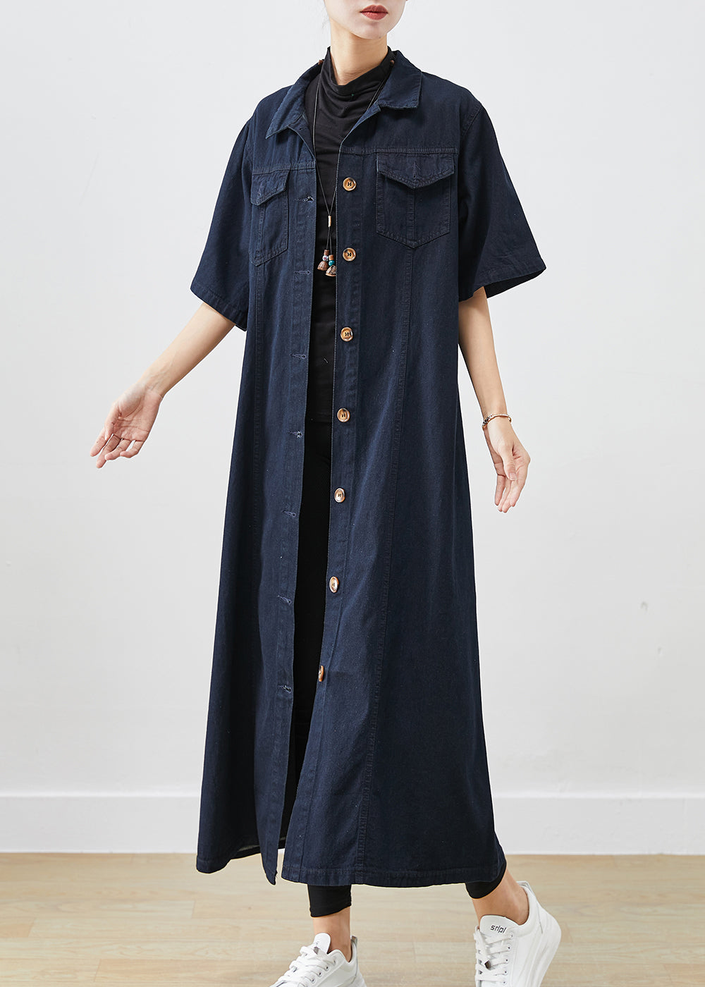 Silm Fit Navy Button Down Cotton a Line Dresses Short Sleeve