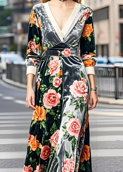 Silm Fit V Neck Patchwork Silk Velvet Robe Dresses Spring