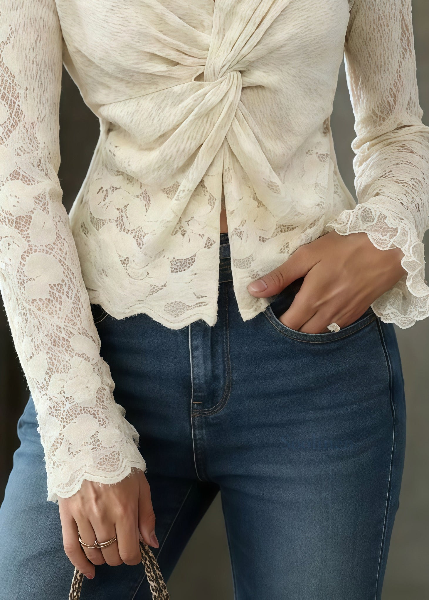 Silm Fit White Crossover Design Patchwork Lace Shirt Tops Spring