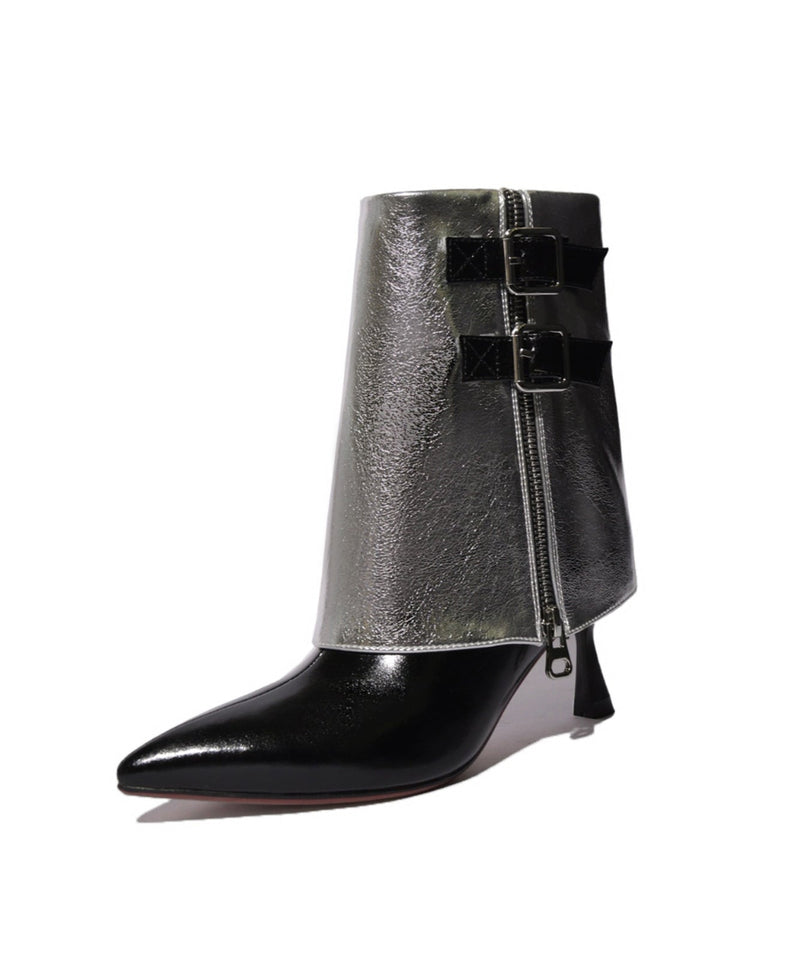 Silver Cowhide Leather Splicing Zippered Stiletto Boots