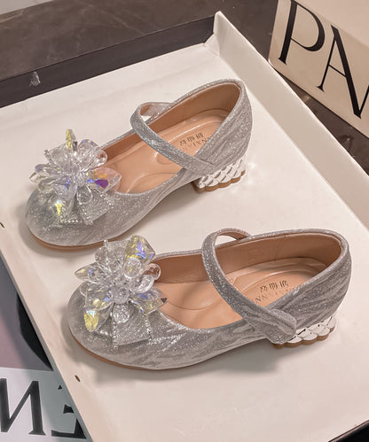 Silver Faux Leather Stylish Crystal Princess Buckle Strap Flats
