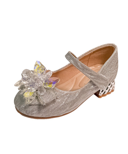 Silver Faux Leather Stylish Crystal Princess Buckle Strap Flats