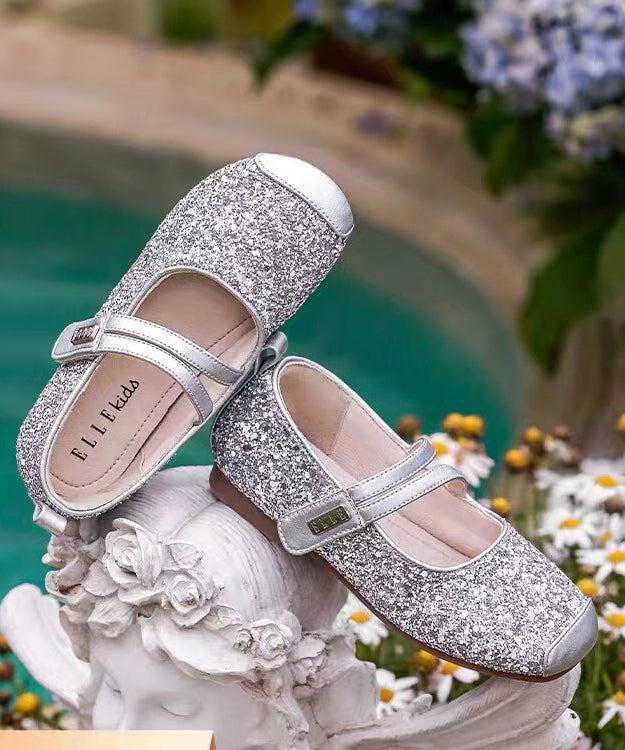 Silver Flat Shoes for Kids Faux Leather Buckle Strap Sequins