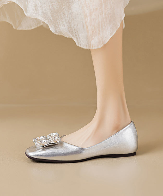 Silver Zircon Cowhide Leather Splicing Penny Loafers