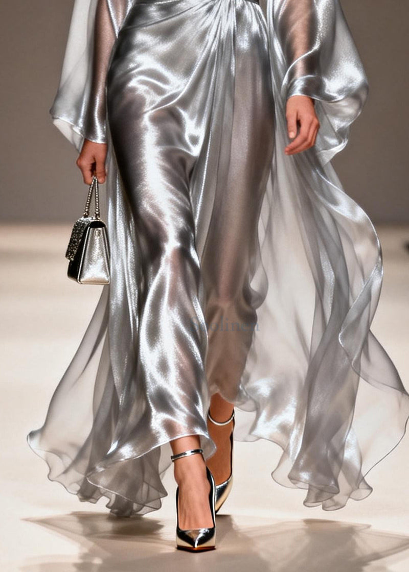 Silvery Draping Chiffon Dresses V Neck Exra Large Hem Summer