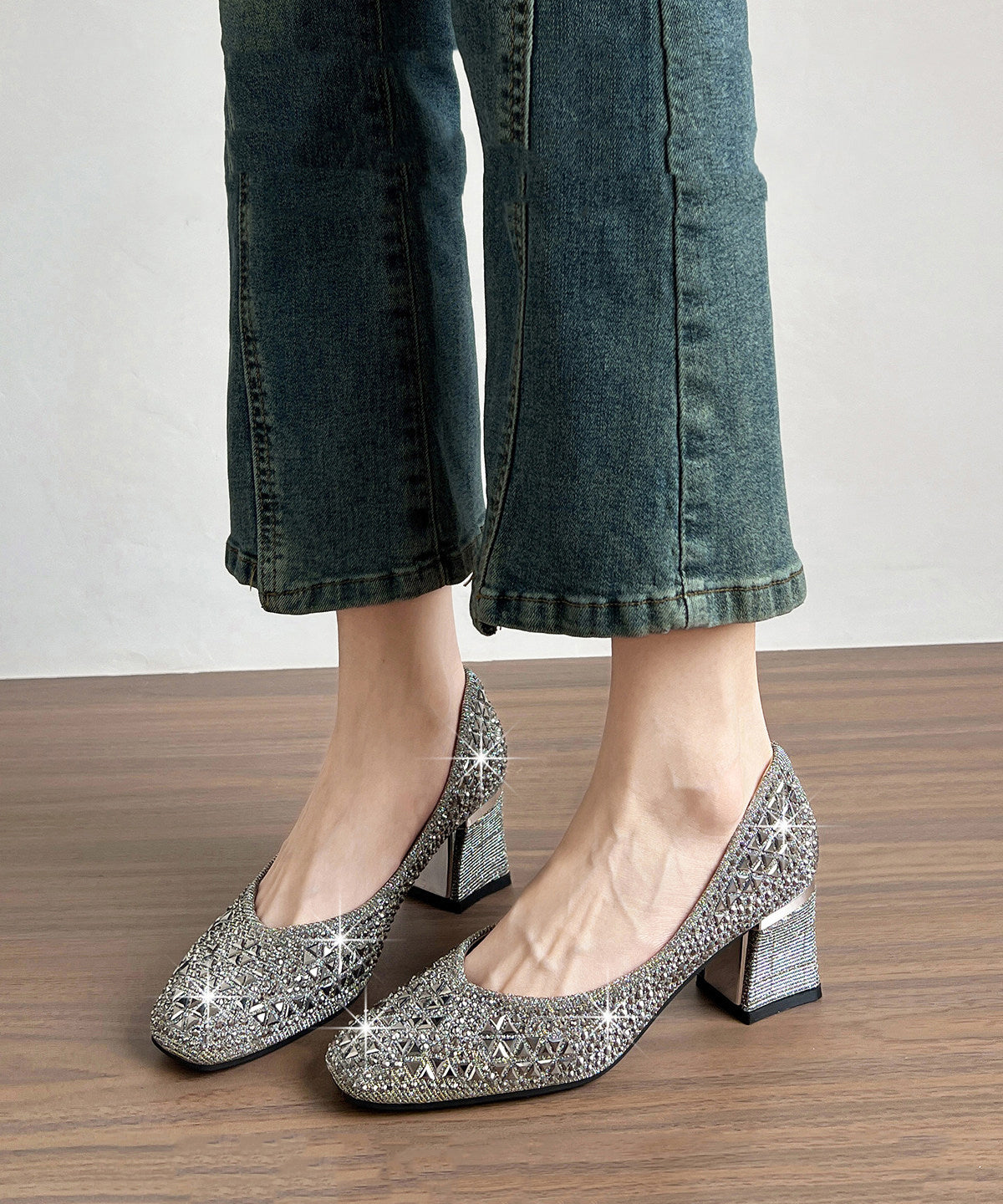 Silvery High Heels Chunky Sparkly High Heels