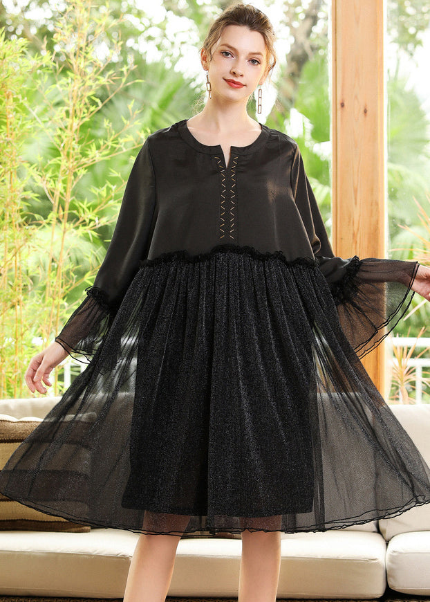 Silvery Sequins Exra Large Hem Patchwork Chiffon a Line Dress Spring
