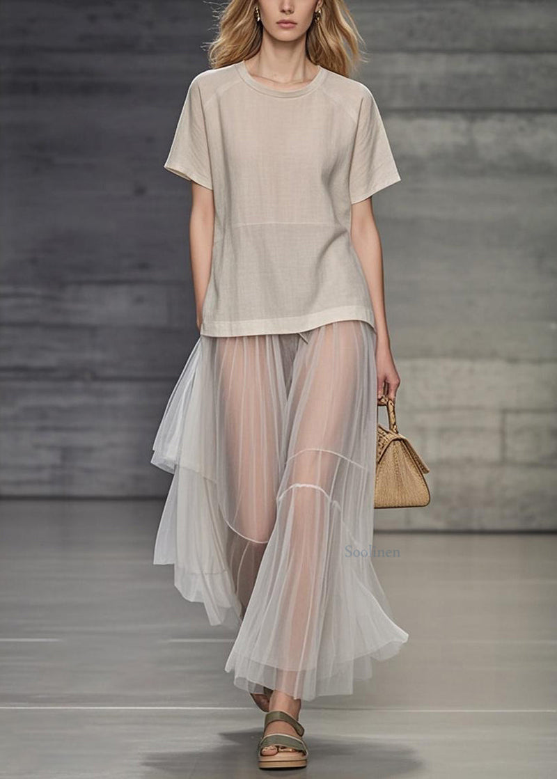 Simple Apricot O Neck Tulle Patchwork Long Dress Summer