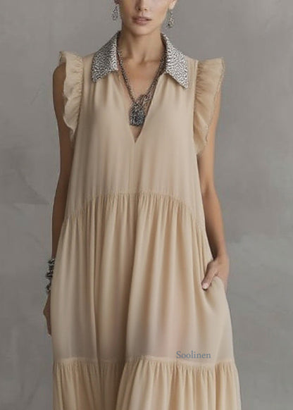 Simple Apricot Peter Pan Collar Wrinkled Chiffon Maxi Dresses Summer