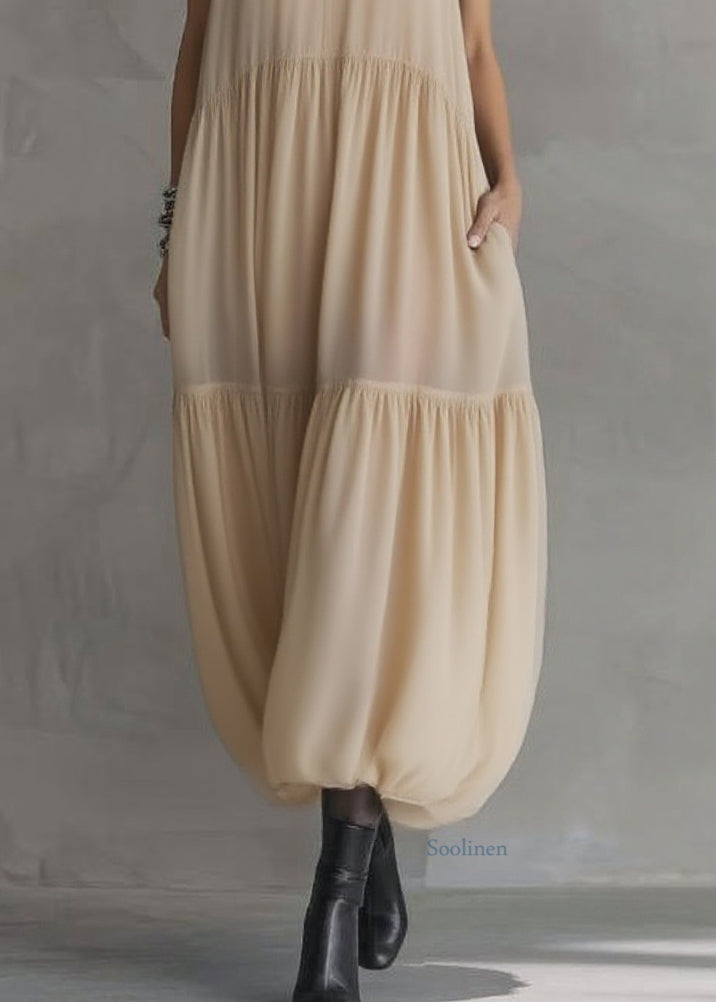 Simple Apricot Peter Pan Collar Wrinkled Chiffon Maxi Dresses Summer