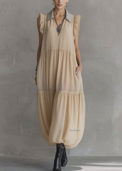 Simple Apricot Peter Pan Collar Wrinkled Chiffon Maxi Dresses Summer