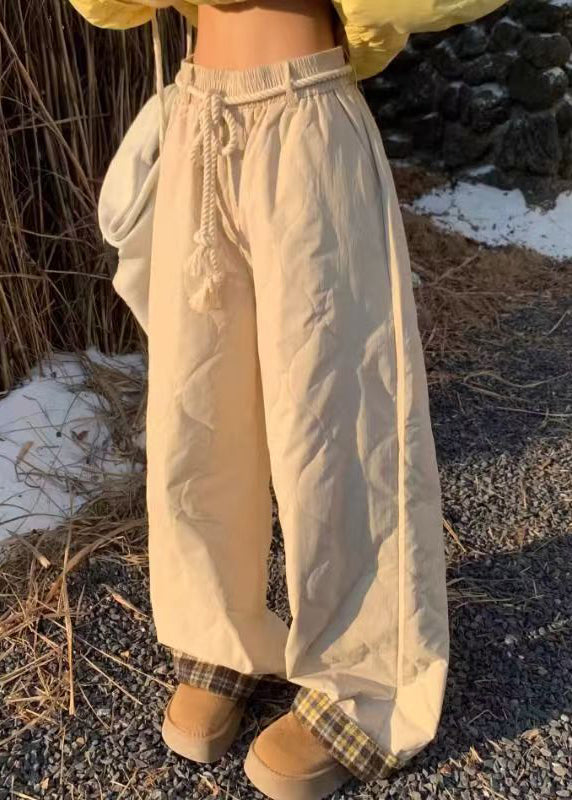 Simple Apricot Plaid Pockets Elastic Waist Pants Winter