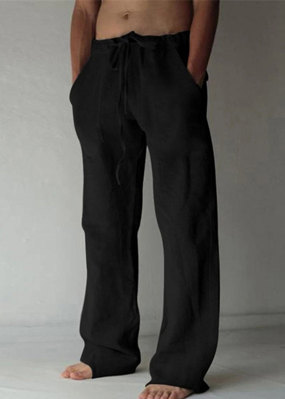 Simple Apricot Pockets Elastic Waist Linen Pants Summer