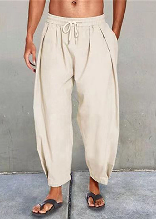Simple Apricot Elastic Waist Cotton Crop Pants Summer