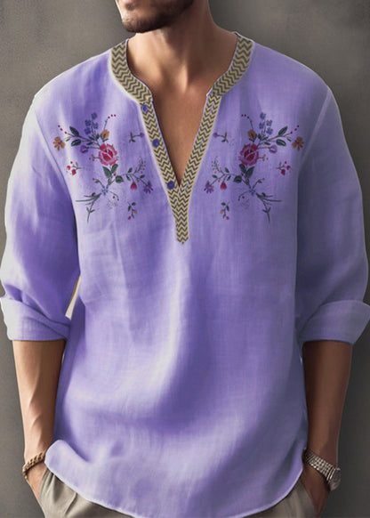 Simple Apricot V Neck Print Cotton Mens Shirt Fall