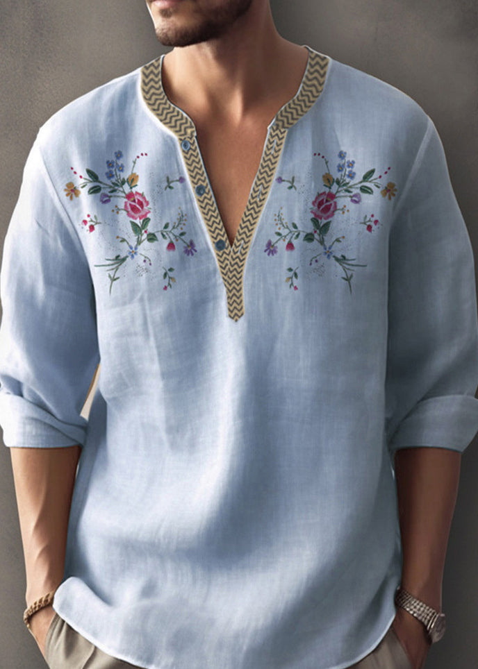 Simple Apricot V Neck Print Cotton Shirt Fall