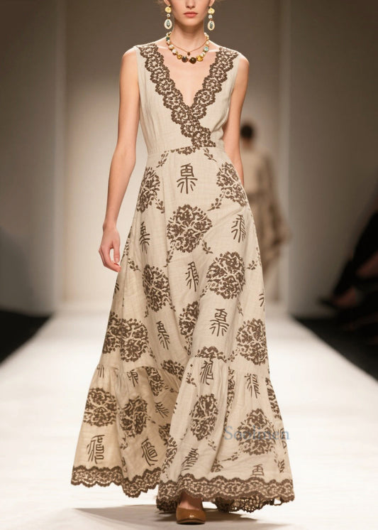 Simple Apricot V Neck Print Linen Holiday Dress Sleeveless