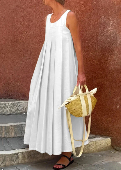 Simple Apricot Wrinkled Cotton Long Dress Sleeveless