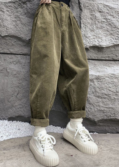 Simple Army Green Pockets High Waist Corduroy Crop Pants