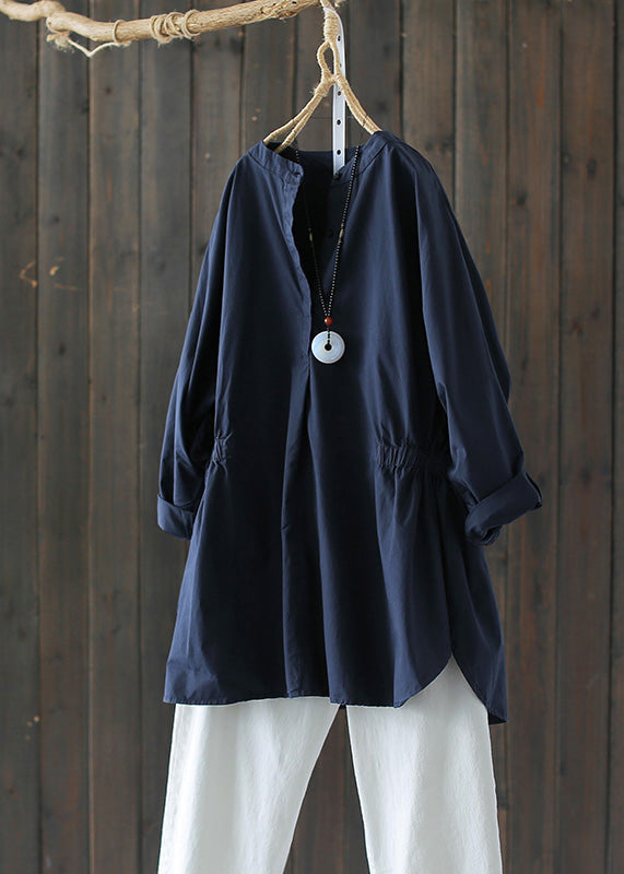 Simple Baby Blue O-neck Wrinkled Button Shirts Long Sleeve