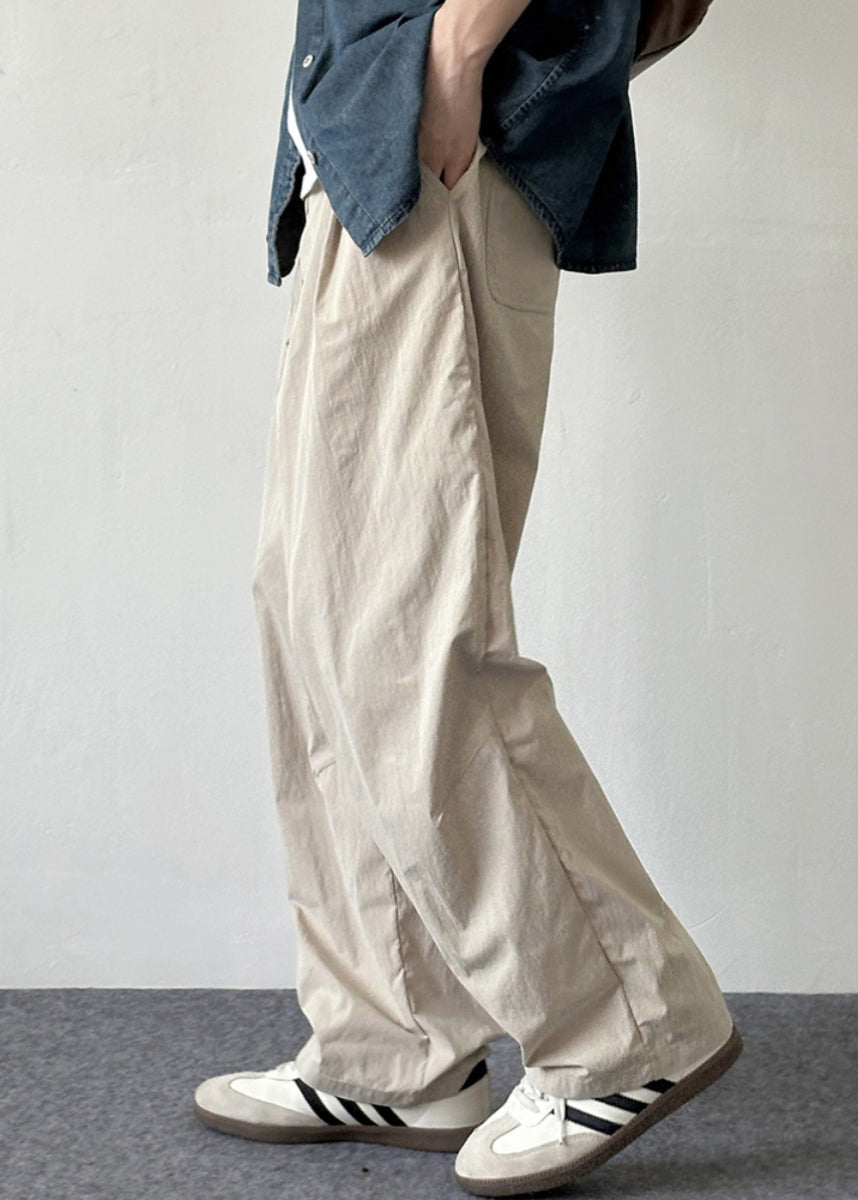 Simple Beige Button Pockets Cotton Pants Summer