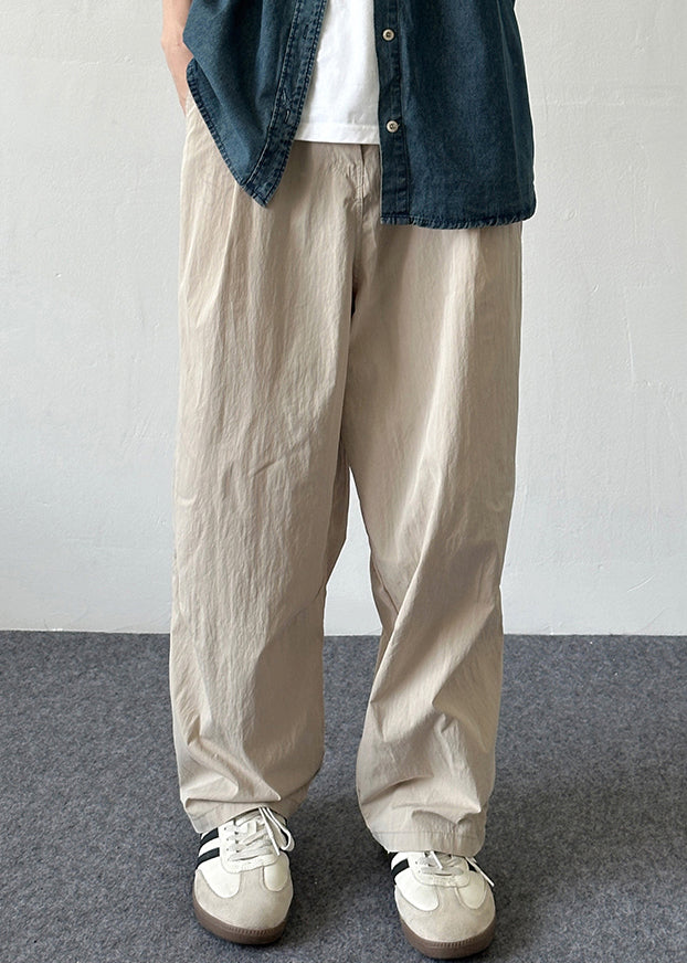 Simple Beige Button Pockets Cotton Pants Summer
