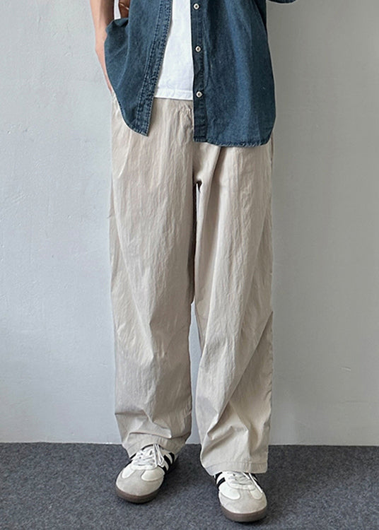Simple Beige Button Pockets Cotton Pants Summer