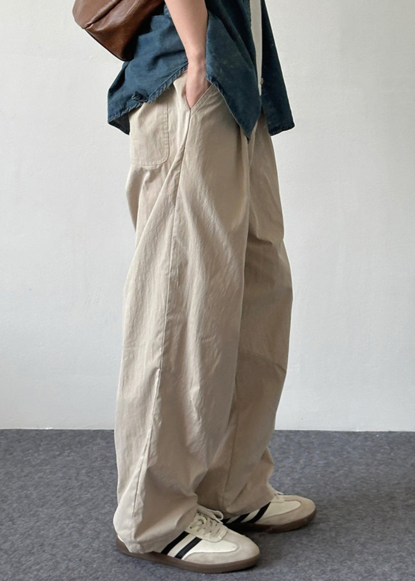 Simple Beige Button Pockets Cotton Pants Summer