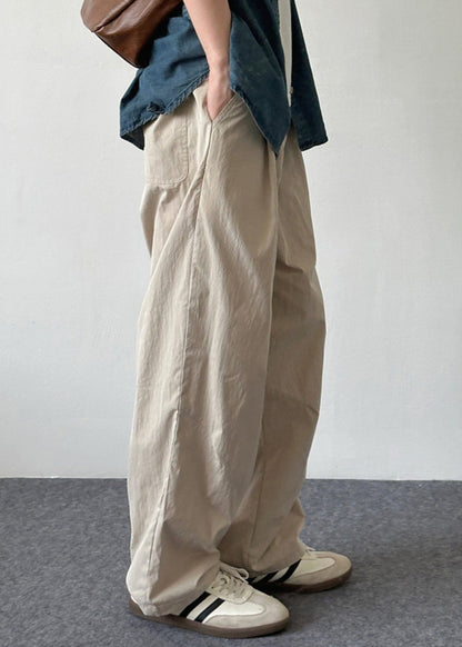 Simple Beige Button Pockets Cotton Pants Summer