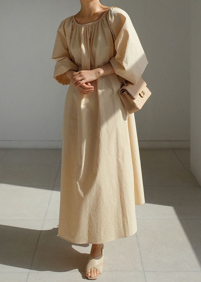 Simple Beige Cotton Pockets Holiday Dress Spring