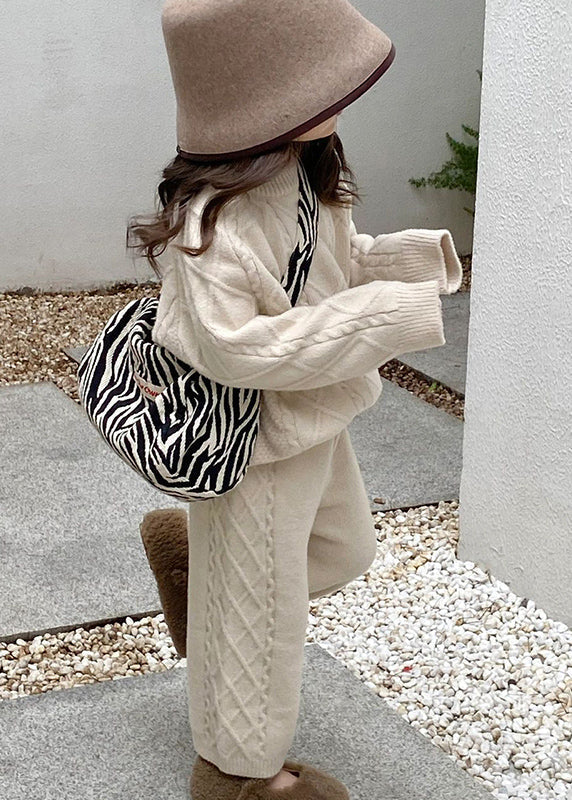 Simple Beige O-neck Kids Knitted Cotton Sweaters and Pants Two Pieces Set Spring