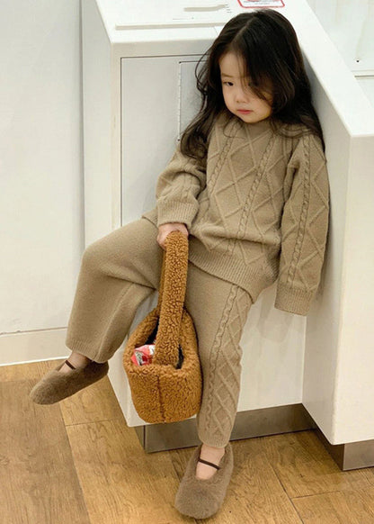 Simple Beige O-neck Kids Knitted Cotton Sweaters and Pants Two Pieces Set Spring