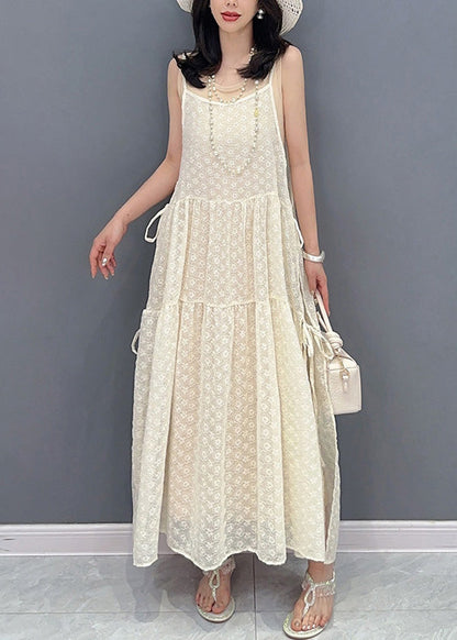Simple Beige O-neck Print Patchwork Chiffon Maxi Dresses Summer