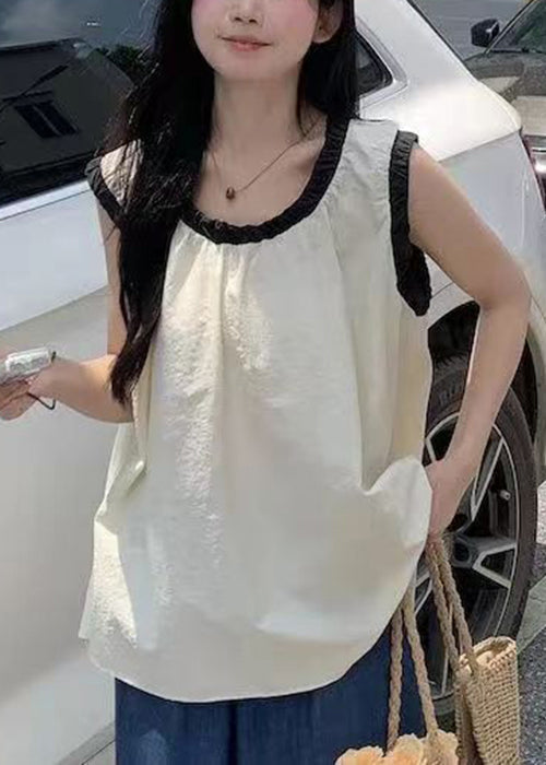 Simple Beige O Neck Patchwork Cotton Top Sleeveless