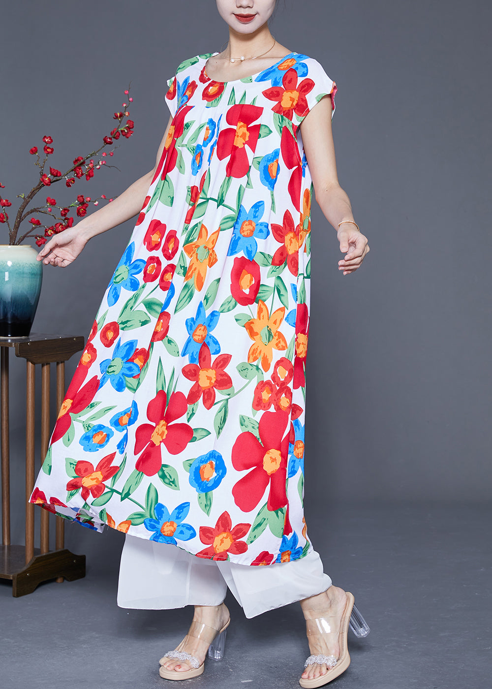 Simple Beige Oversized Print Cotton Dress Summer