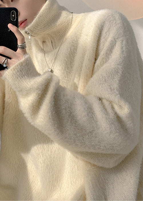 Simple Beige Turtleneck Zippered Thick Knit Sweater Winter