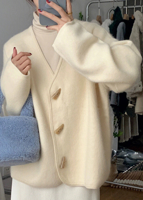 Simple Beige V Neck Button Knitting Cotton Coats Fall