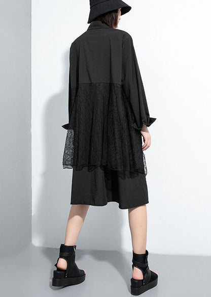 Simple Black Button Peter Pan Collar Lace Patchwork Shirt Dresses Spring