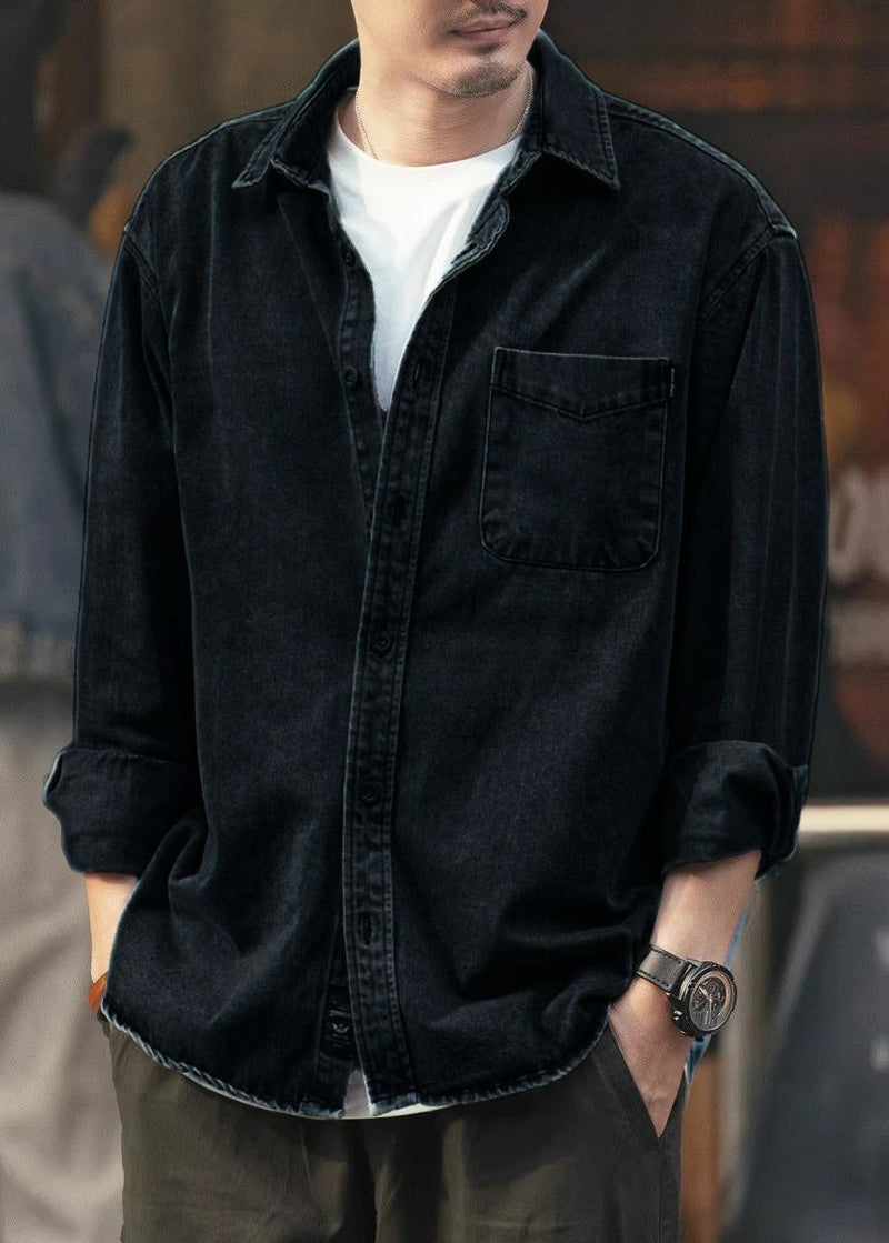 Simple Black Button Pockets Denim Shirts Spring