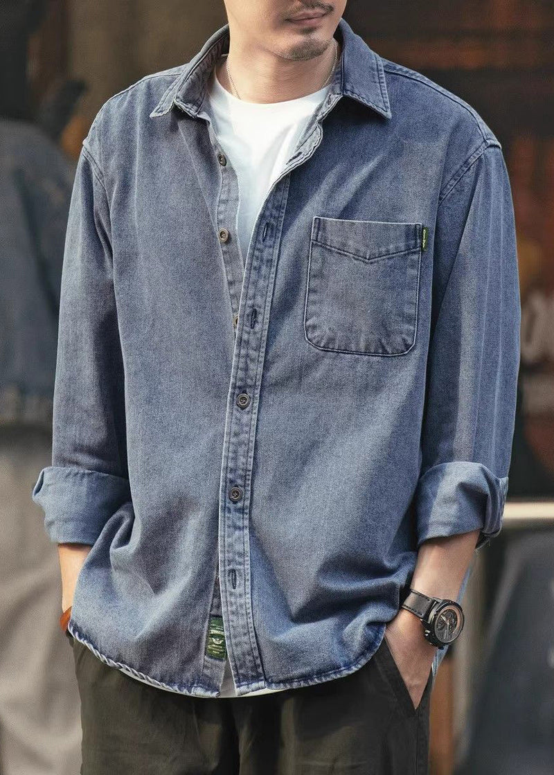 Simple Black Button Pockets Denim Shirts Spring