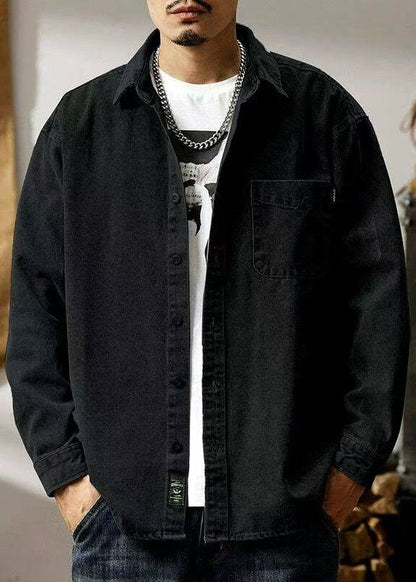 Simple Black Button Pockets Solid Denim Men Shirts Spring