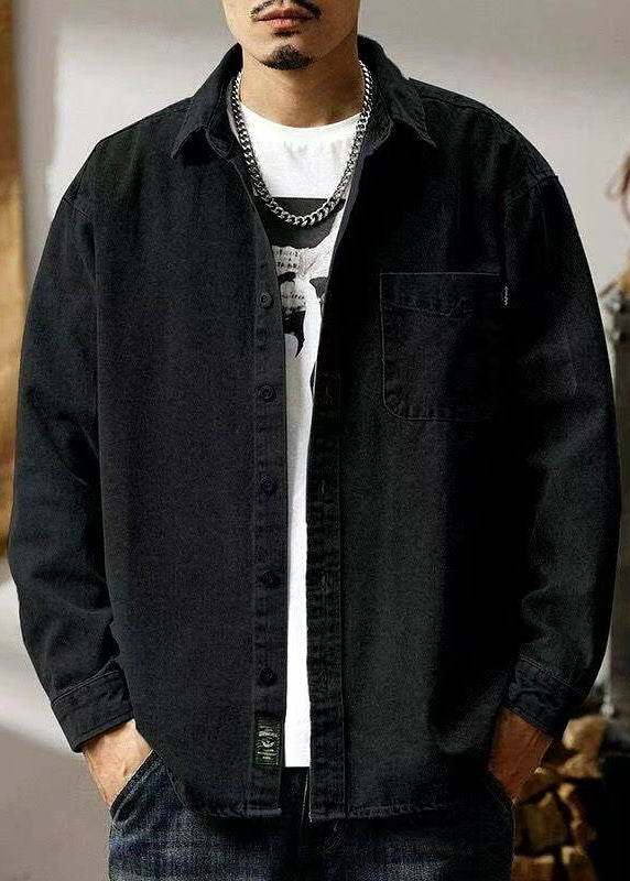 Simple Black Button Pockets Denim Shirts Spring