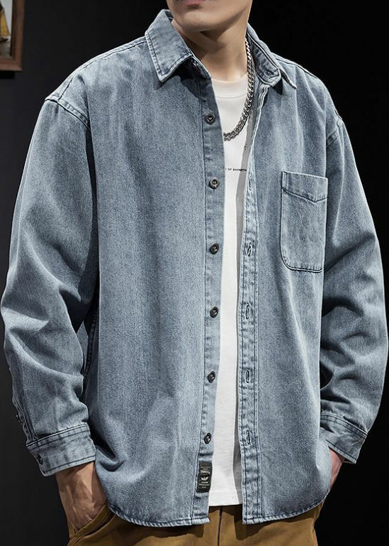Simple Black Button Pockets Solid Denim Men Shirts Spring