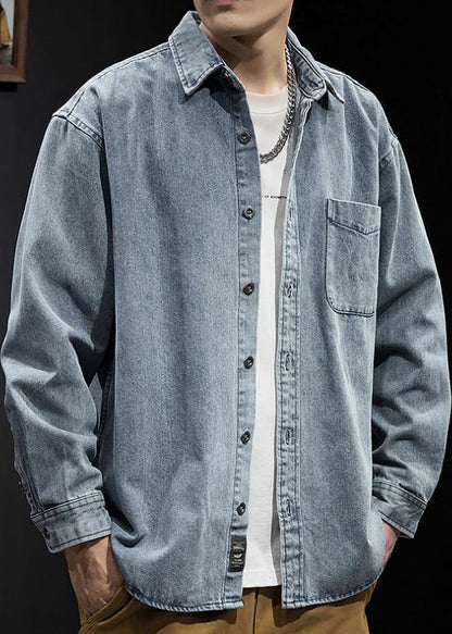 Simple Black Button Pockets Solid Denim Men Shirts Spring
