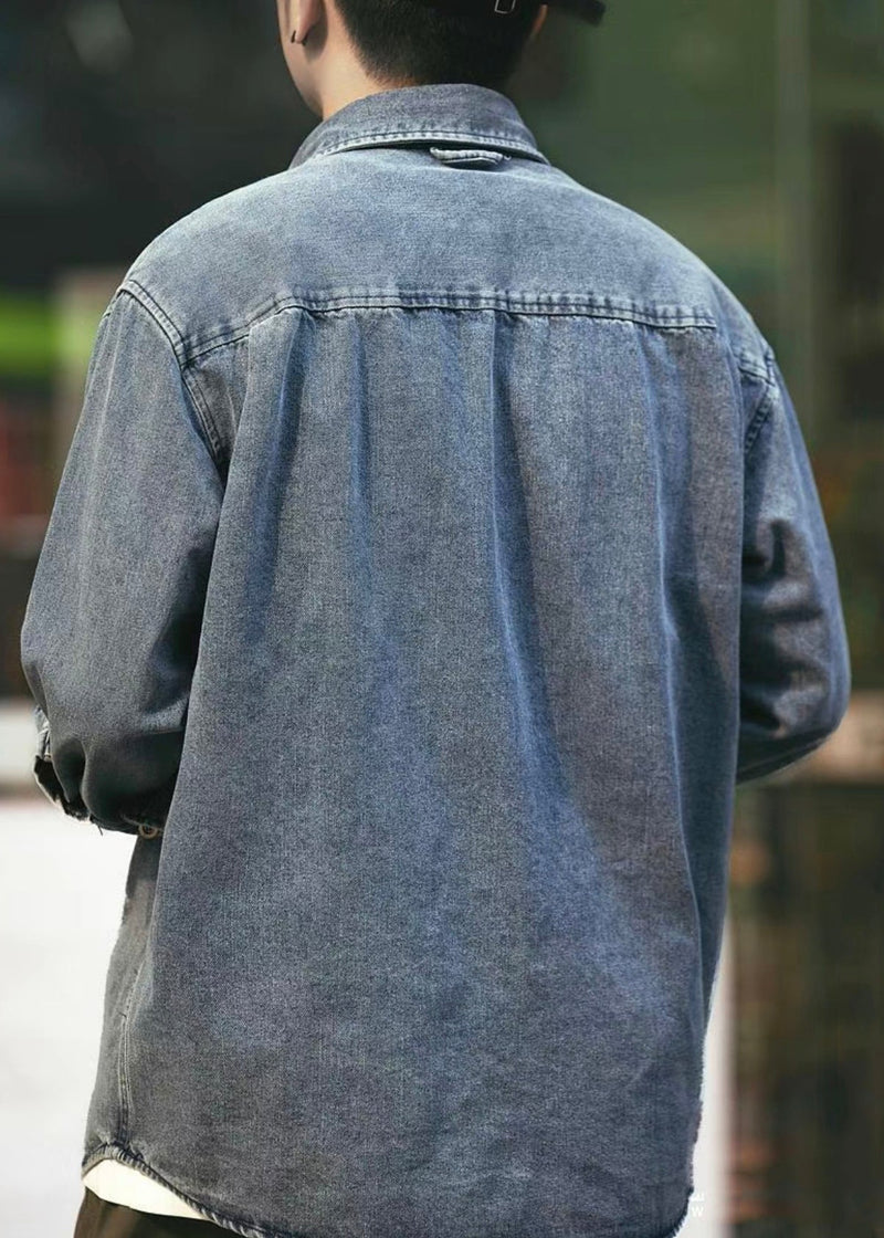 Simple Black Button Pockets Denim Shirts Spring