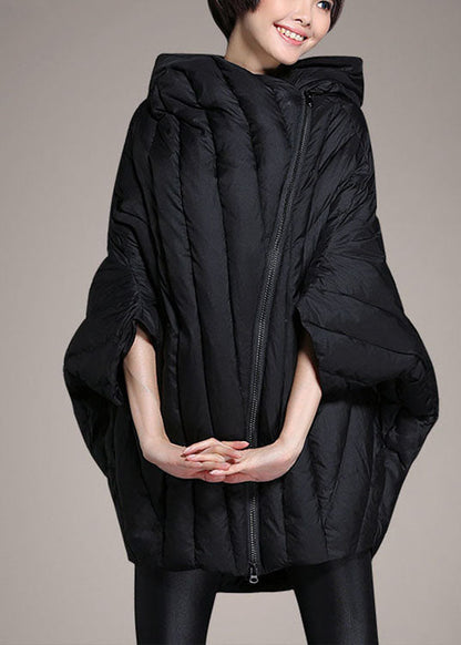 Simple Black Cloak Sleeves Zippered Warm Winter Duck Down Coat