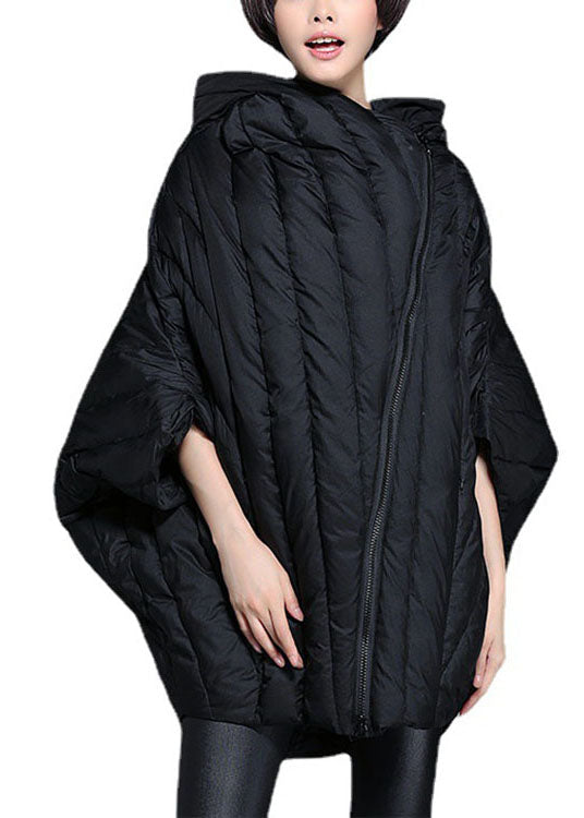 Simple Black Cloak Sleeves Zippered Warm Winter Duck Down Coat