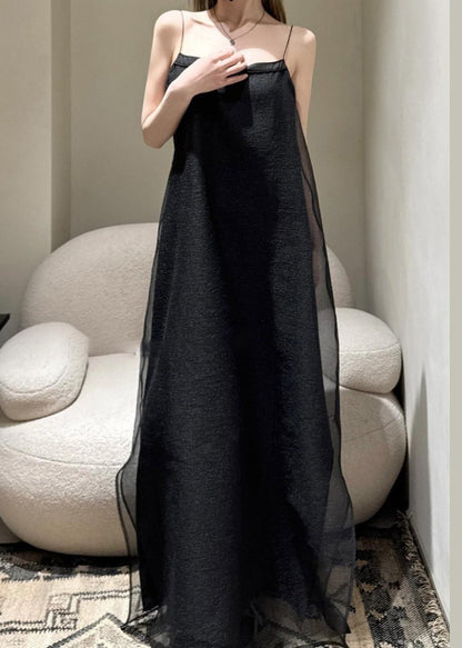 Simple Black Cold Shoulder Tulle Spaghetti Strap Dress Sleeveless