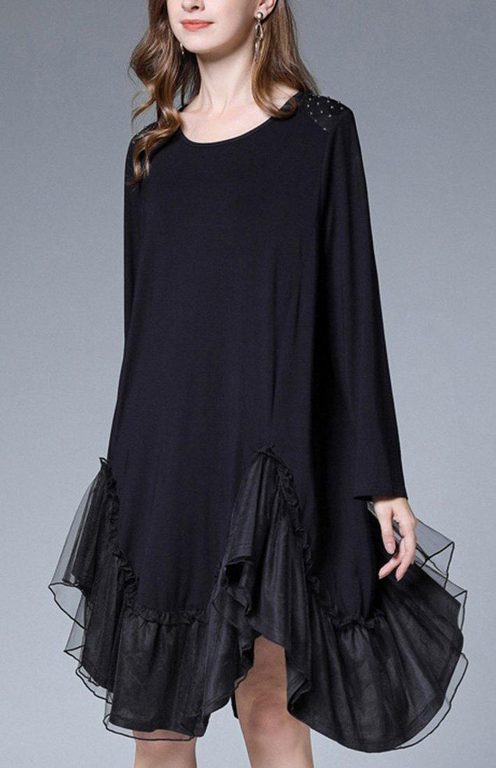 Simple Black Cotton Patchwork Spring Ankle Dress