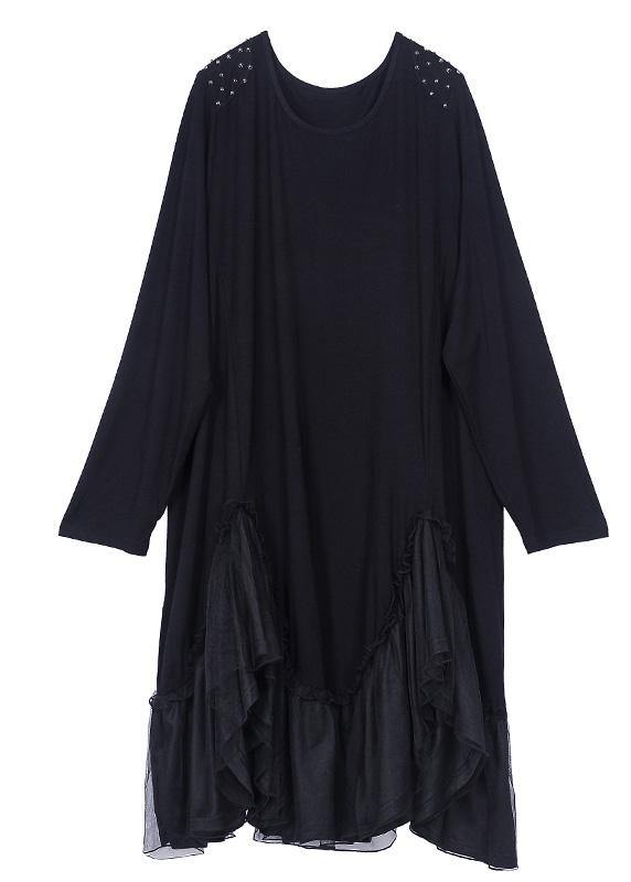 Simple Black Cotton Patchwork Spring Ankle Dress